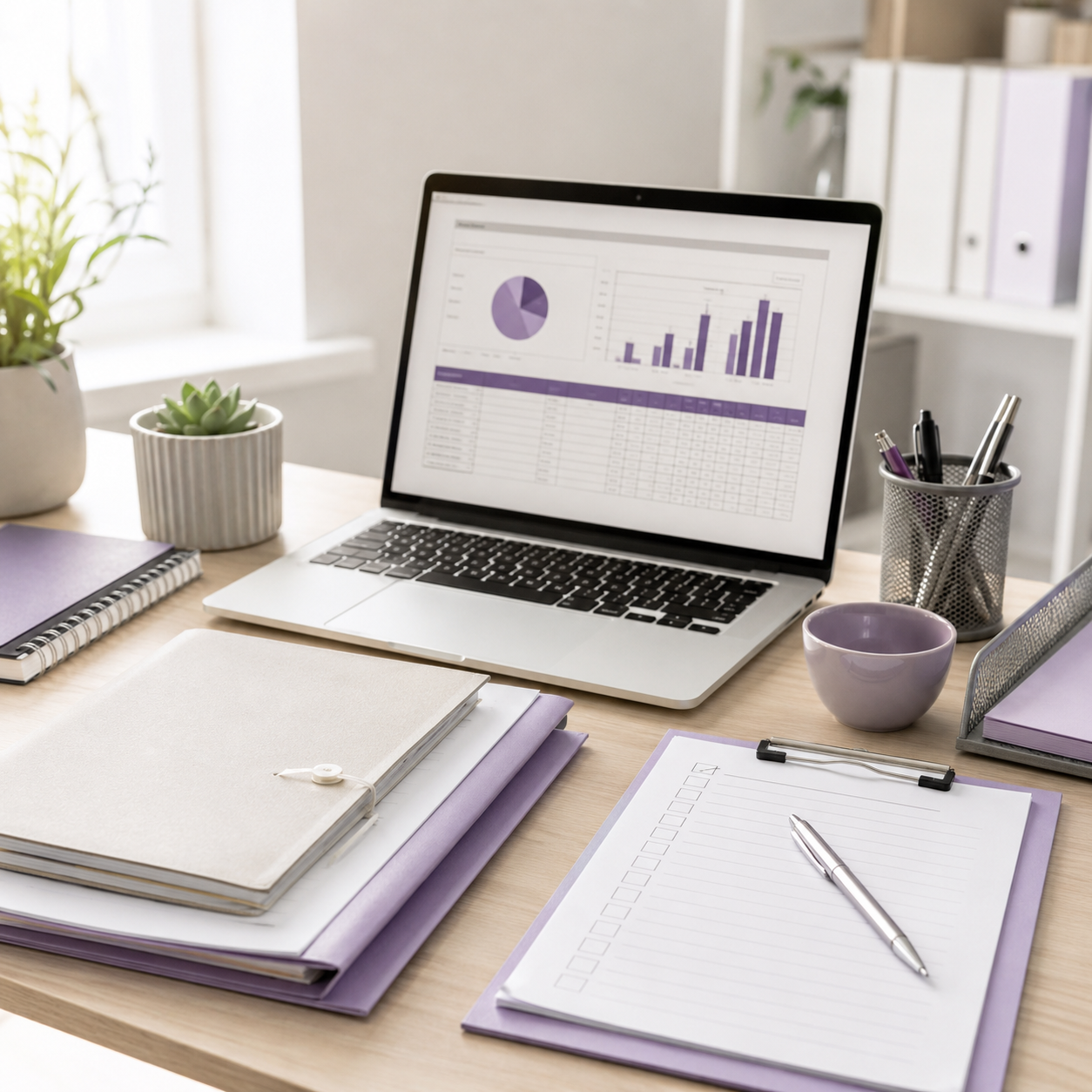 Administrative and office support workspace with laptop dashboard, organised folders, checklist, and office stationery representing VAssist SA remote administration services.