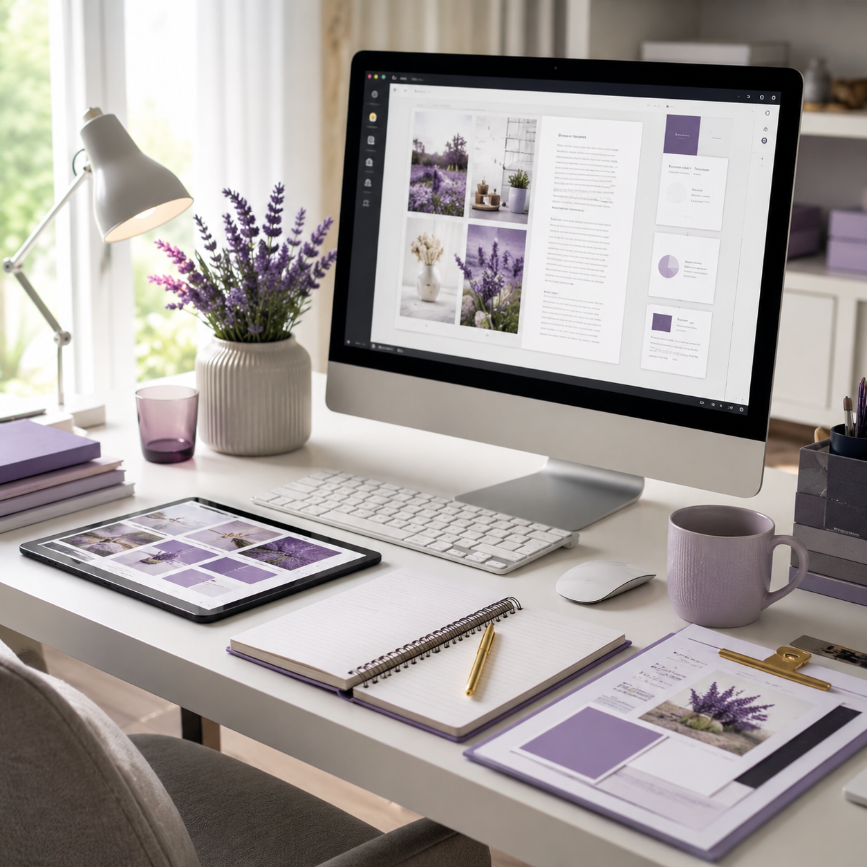 Creative and content services workspace with content planning layout on desktop screen, tablet mockups, and organised notes in VAssist SA brand colours.