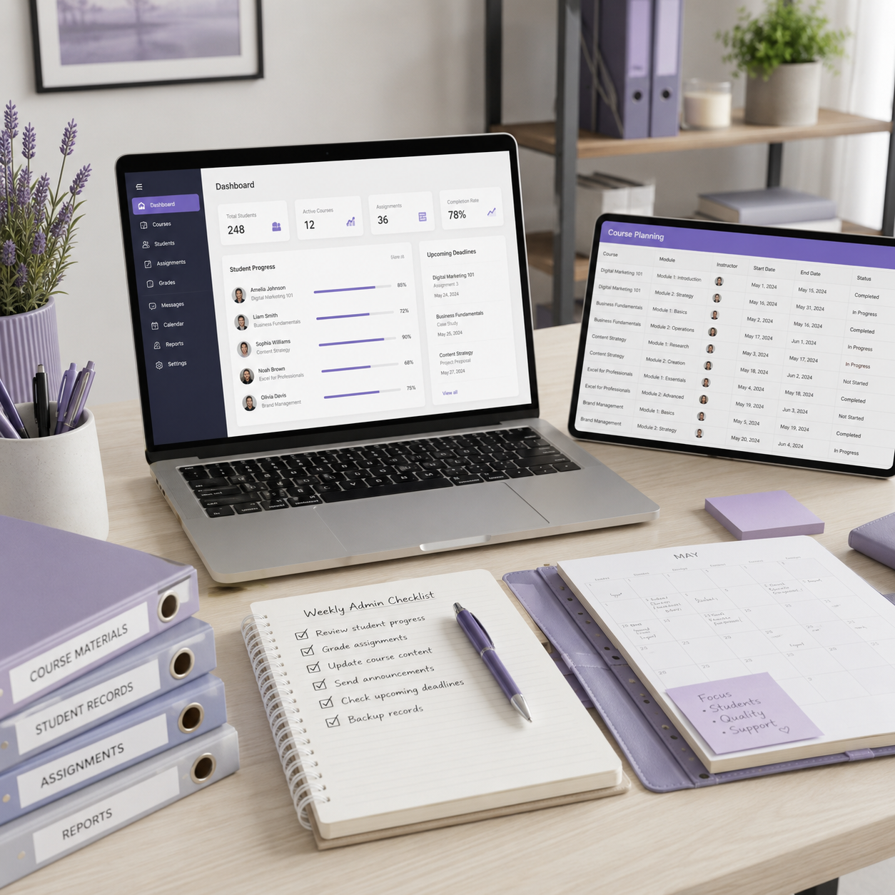 Education and course management workspace with course admin dashboard, student progress tracking, planning schedule, and organised folders representing VAssist SA remote course administration support.