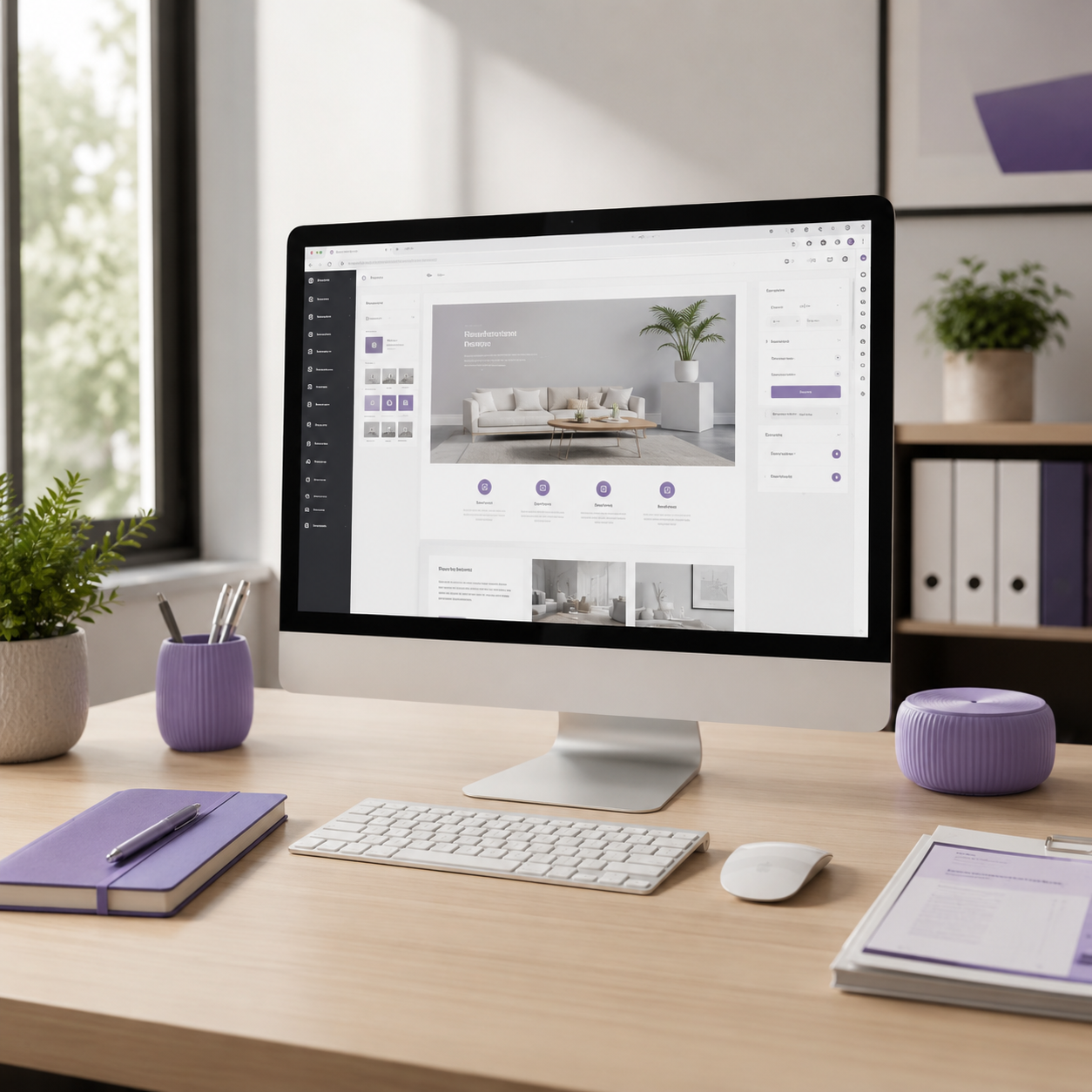 Website and tech support workspace with desktop computer displaying a website editor dashboard, keyboard, and organised desk accessories in VAssist SA brand colours.
