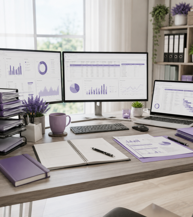 High-volume remote admin workspace with dual monitors and laptop showing dashboards and spreadsheets, organised documents and folders, representing the VAssist SA Elite 40-hour monthly support package.