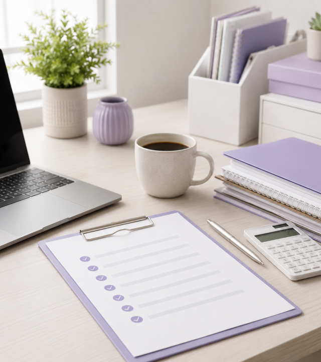 Minimalist remote admin workspace with checklist clipboard, organised folders, calculator and laptop, representing VAssist SA Lite 5-hour monthly support package.