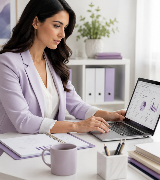 Focused professional working on a laptop with reporting dashboard and organised documents, representing VAssist SA monthly remote administration and business support.