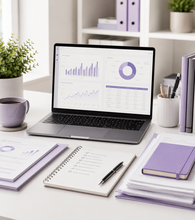 Professional remote admin workspace with laptop displaying reporting dashboards, organised documents, notebook, and lavender office accessories representing the VAssist SA Pro 15-hour monthly support package.
