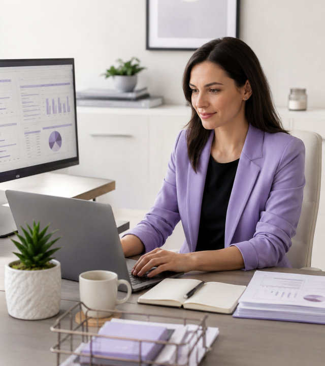 Professional remote administration workspace with laptop, reporting dashboard, and organised documents in VAssist SA brand colours.